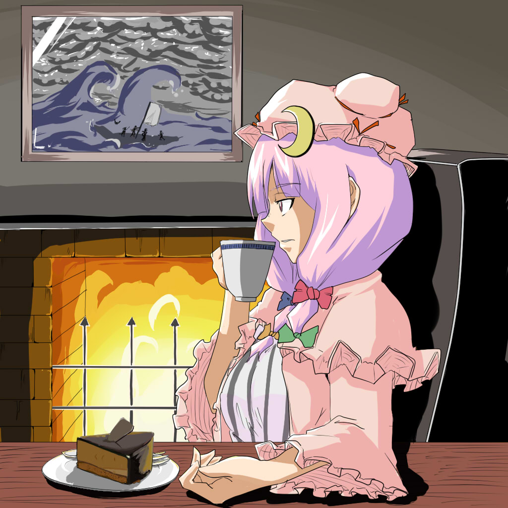 1girl bow cake crescent crescent_hair_ornament expressionless female fireplace food fork hair_ornament hat long_hair looking_away parted_lips pastry patchouli_knowledge pink_bow plate profile purple_hair slice_of_cake solo touhou