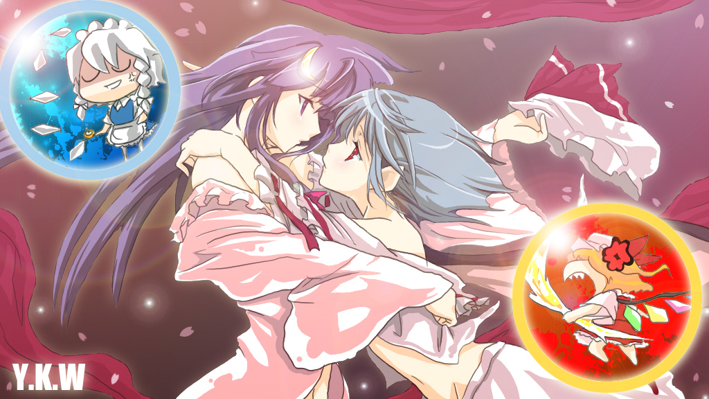 4girls anger_vein angry blue_hair chibi crescent_moon eye_contact female flandre_scarlet hair_ornament hat hat_removed hat_ribbon headwear_removed hug izayoi_sakuya kannazuki_no_miko long_hair looking_at_another miko_embrace moon multiple_girls parody patchouli_knowledge pointy_ears purple_hair red_eyes remilia_scarlet ribbon short_hair the_embodiment_of_scarlet_devil touhou violet_eyes wings yuri