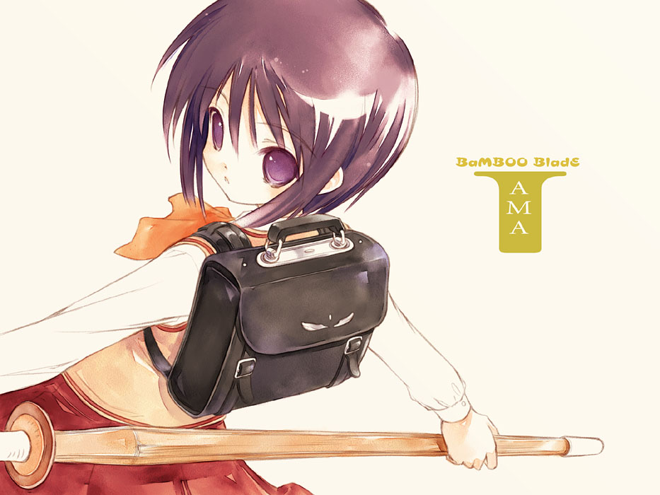 1girl backpack bag bamboo_blade kawazoe_tamaki randoseru school_uniform serafuku simple_background solo sumi_keiichi