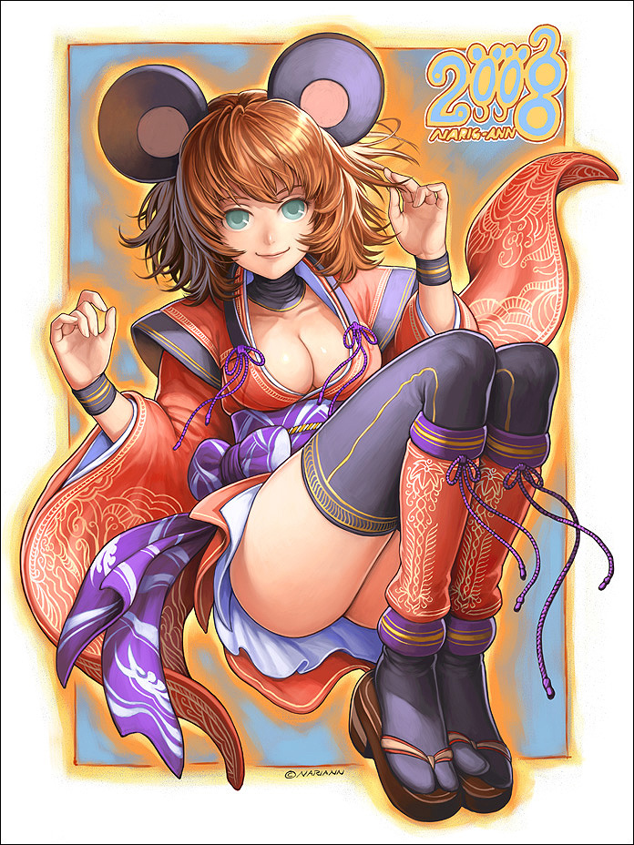 00s 2008 animal_ears breasts cleavage japanese_clothes kimono large_breasts mouse_ears nariann new_year thigh-highs