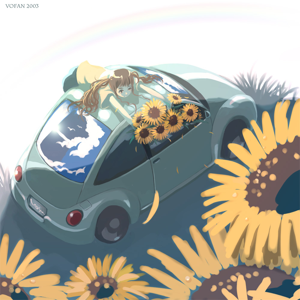 car flower ground_vehicle motor_vehicle sky summer sunflower twintails vehicle vofan volkswagen_beetle