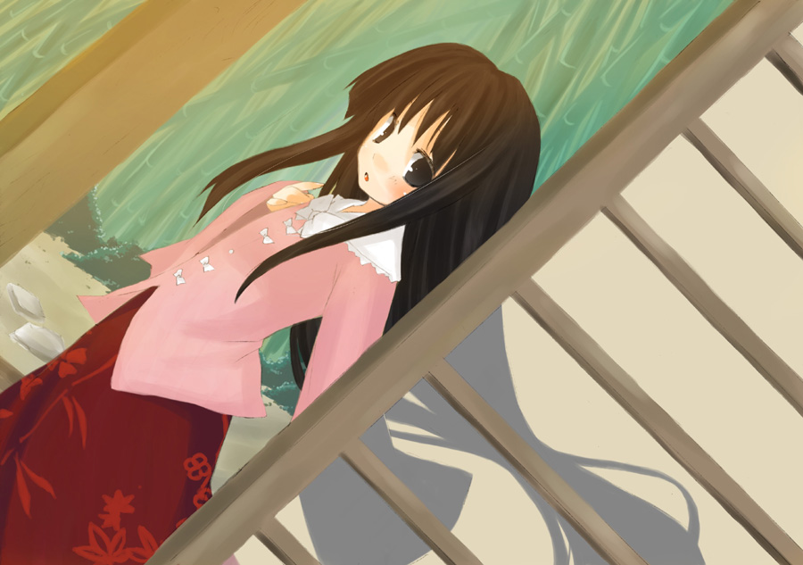 1girl :o blouse brown_eyes brown_hair chig_(mizusaki) collar dress dutch_angle female floating_hair floral_print garden grass houraisan_kaguya long_sleeves looking_at_viewer mizumisaki outdoors parted_lips path pillar plant red_dress road see-through sliding_doors solo standing stone touhou wind