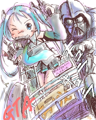 1boy 1girl assault_rifle blue_eyes blue_hair box cardboard_box crossover darth_vader finger_on_trigger grand_theft_auto gun handgun harmonica hatsune_miku helmet hiyoko_touna instrument long_hair lowres magazine_(weapon) oekaki one_eye_closed pistol rifle shopping_cart star_wars twintails vocaloid weapon what wink