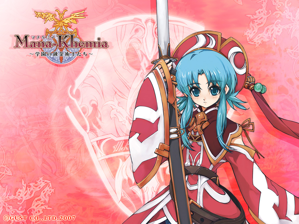 00s 1girl 2007 alchemy anna_laemmle atelier_(series) blue_eyes blue_hair female gust hat katana mana_khemia mana_khemia_(series) nodachi official_art ootachi red_background red_hat solo sword wallpaper weapon yoshizumi_kazuyuki