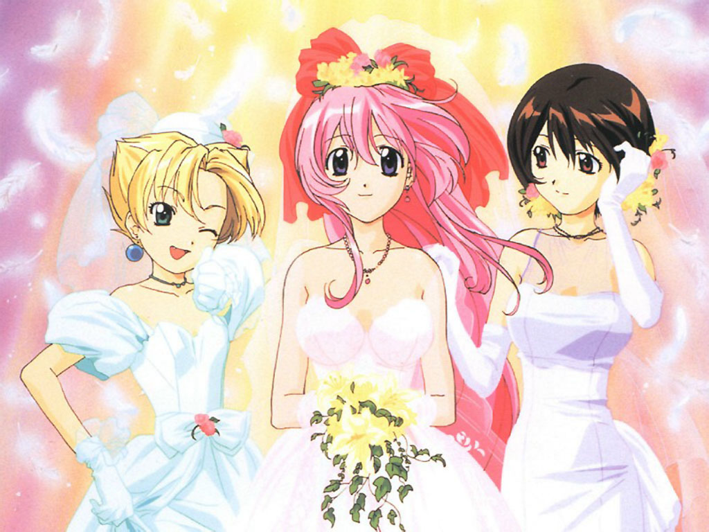 3girls bow bride dress earrings flower gloves jewelry karinka karinka_(koutetsu_tenshi_kurumi) koutetsu_tenshi_kurumi kurumi kurumi_(koutetsu_tenshi_kurumi) multiple_girls necklace saki_(koutetsu_tenshi_kurumi) saki_(steel_angel_kurumi) wedding_dress yuri