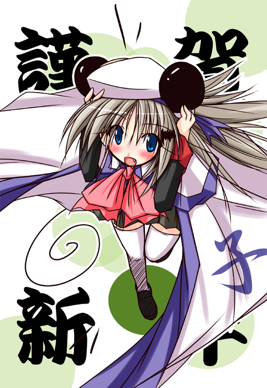 1girl blue_eyes bow cape fang hat little_busters!! noumi_kudryavka pink_bow silver_hair solo thigh-highs umesato_yukino