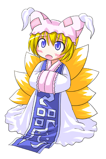 1girl blonde_hair blush chibi des female fox_tail hands_in_sleeves hat long_sleeves multiple_tails pillow_hat short_hair solo surcoat tabard tail tassel touhou white_background wide_sleeves yakumo_ran