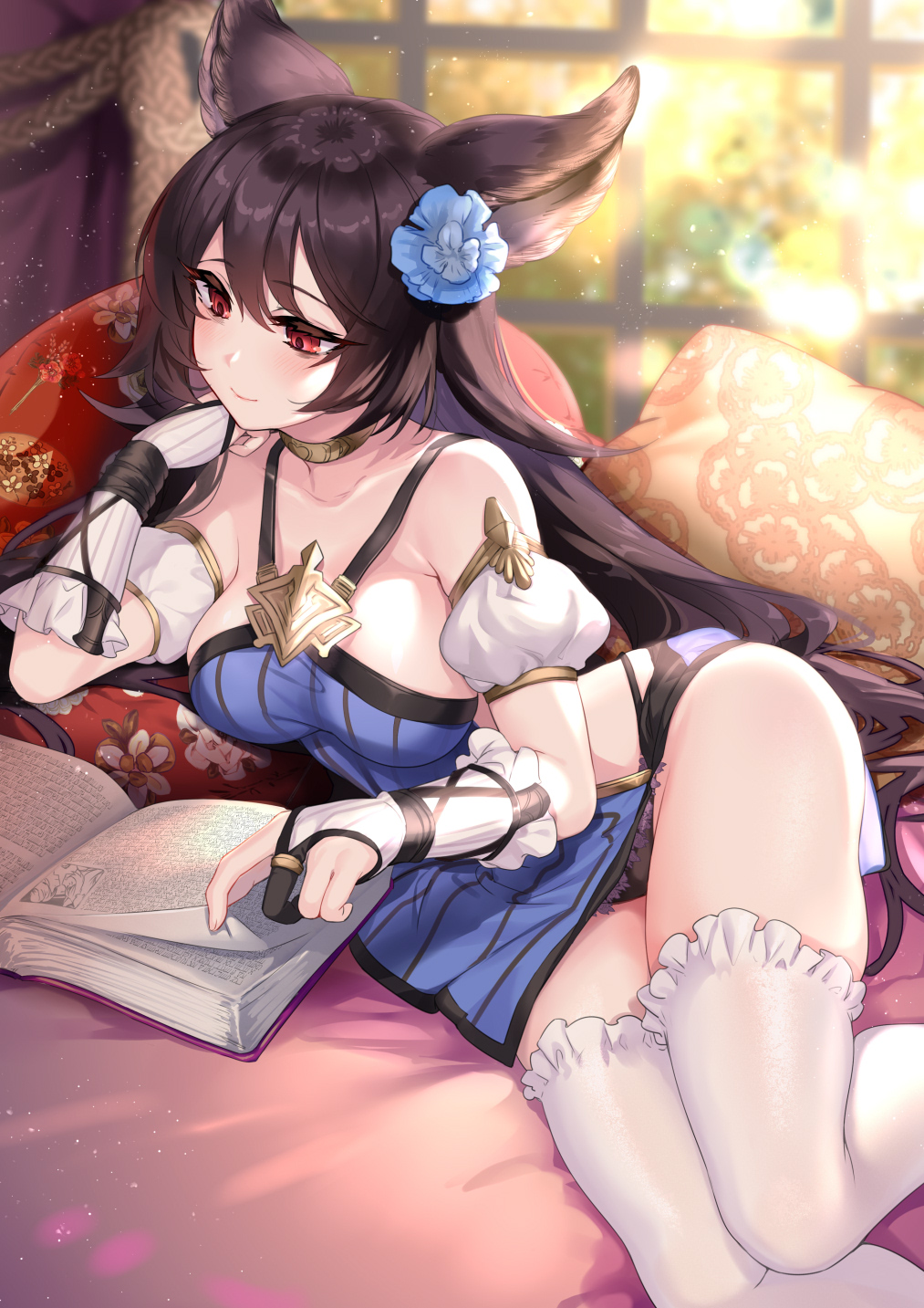 1girl aki663 animal_ears black_hair black_panties blue_dress blurry blush book breasts chin_rest choker closed_mouth depth_of_field dress erune flower gloves granblue_fantasy hair_flower hair_ornament halterneck highres indoors light_particles long_hair lying medium_breasts nier_(granblue_fantasy) open_book panties partly_fingerless_gloves pelvic_curtain red_eyes short_dress solo thigh-highs underwear white_legwear