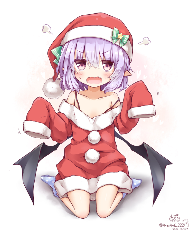 &gt;:o 1girl :o =3 alternate_costume angry bare_shoulders bat_wings blush bow clown_222 collarbone commentary dated fangs full_body green_bow hat hat_bow heart lavender_hair looking_at_viewer off_shoulder oversized_clothes pink_eyes pointy_ears pom_pom_(clothes) remilia_scarlet santa_costume santa_hat sitting sleeves_past_wrists socks solo star strap_slip sweat touhou twitter_username wariza wings