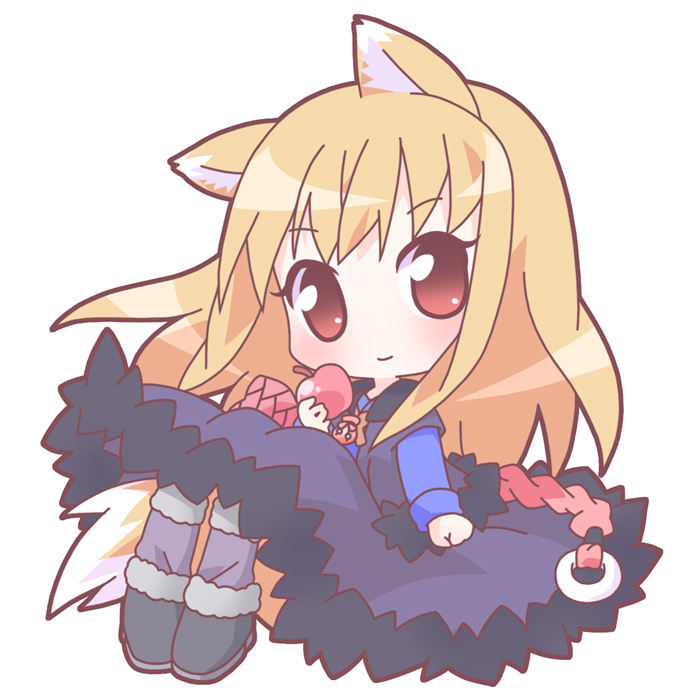 1girl animal_ears apple chibi food fruit holding holding_fruit holo mirai_(sugar) solo spice_and_wolf tail wolf_ears