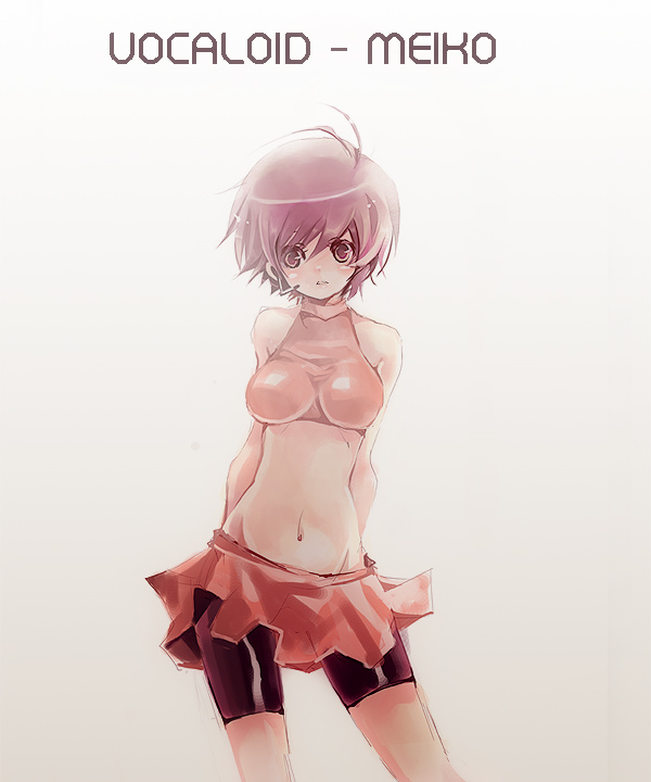 1girl bike_shorts breasts character_name contrapposto copyright_name gradient gradient_background latex looking_at_viewer medium_breasts meiko midriff nipples shimeko shimeshime short_hair skirt solo vocaloid