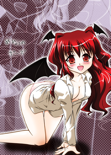 1girl all_fours blush breasts cleavage female head_wings koakuma long_hair panties red_eyes redhead shirt solo the_embodiment_of_scarlet_devil touhou underwear