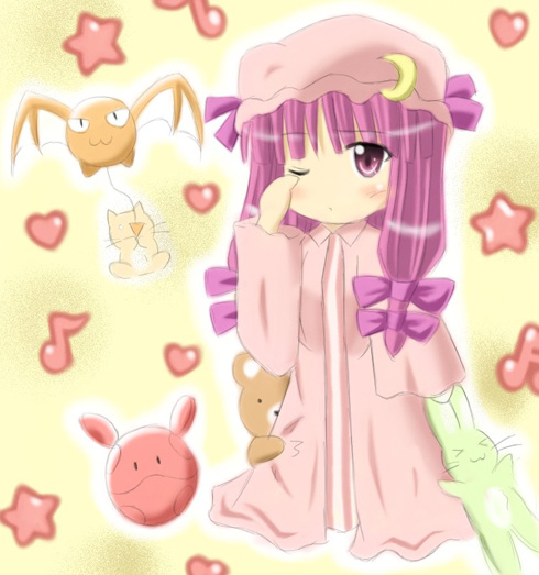 1girl creature crescent crescent_hair_ornament dress exe_(artist) exe_(xe) female full_body gundam hair_ornament hair_ribbon haro hat heart long_hair long_sleeves mob_cap musical_note one_eye_closed patchouli_knowledge purple_hair ribbon sleepy solo standing star striped stuffed_animal stuffed_toy teddy_bear touhou tress_ribbon vertical_stripes violet_eyes