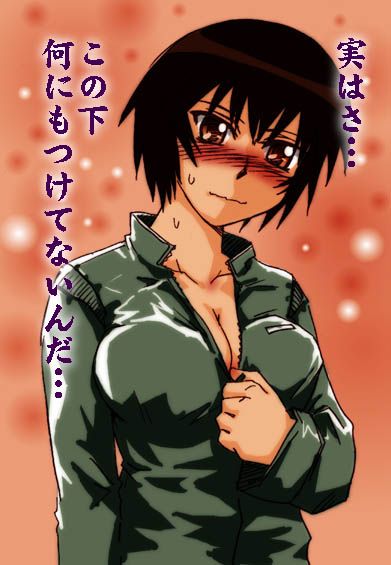 1girl artist_request azumanga_daioh blush breasts brown_eyes brown_hair cleavage jumpsuit kagura kagura_(azumanga_daiou) large_breasts short_hair solo tomboy track_suit translated unzipping