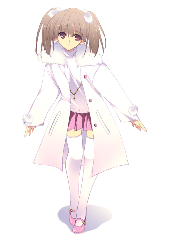 1girl brown_hair buttons coat full_body gem hair_ribbon jewelry kobayashi_chisato long_sleeves looking_at_viewer mary_janes miniskirt necklace original pendant pink_skirt ribbon shoes short_hair simple_background skirt solo thigh-highs unbuttoned white_background white_legwear zettai_ryouiki