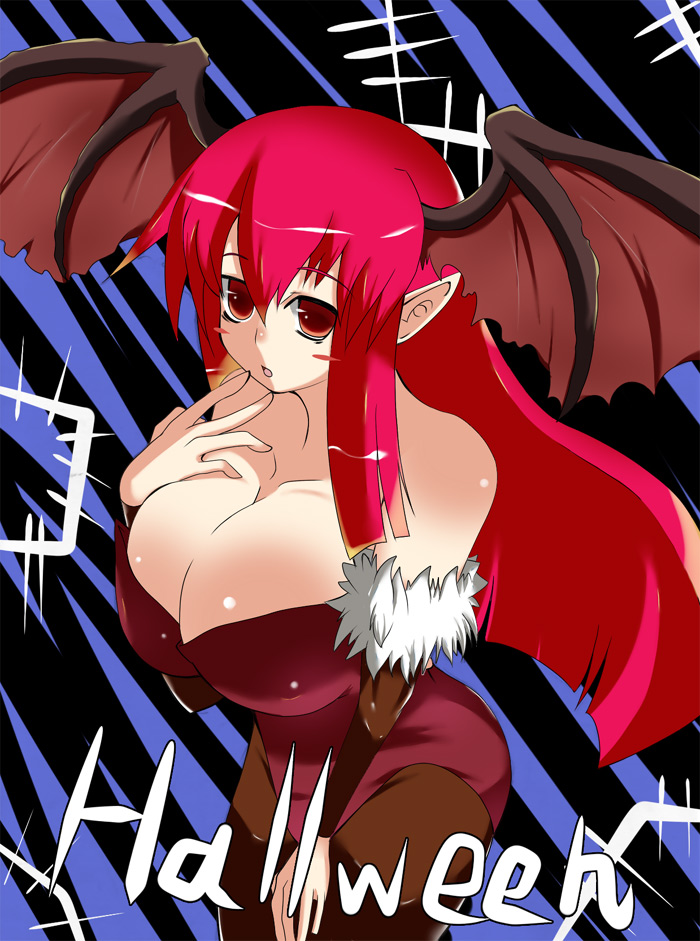 1girl artist_request blush_stickers breasts capcom cleavage cosplay female head_wings huge_breasts koakuma morrigan_aensland morrigan_aensland_(cosplay) pantyhose satsuki_(kamiya) solo the_embodiment_of_scarlet_devil touhou vampire_(game)