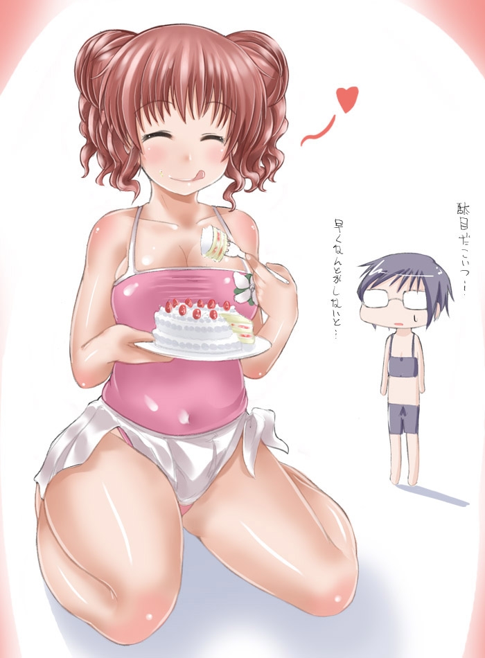 2girls abubu bike_shorts breasts brown_hair cake cleavage closed_eyes collarbone eating food glasses heart hidamari_sketch hiro large_breasts licking_lips multiple_girls pastry plump sae sitting skirt smile sports_bra sweatdrop thighs tongue tongue_out translated translation_request wariza