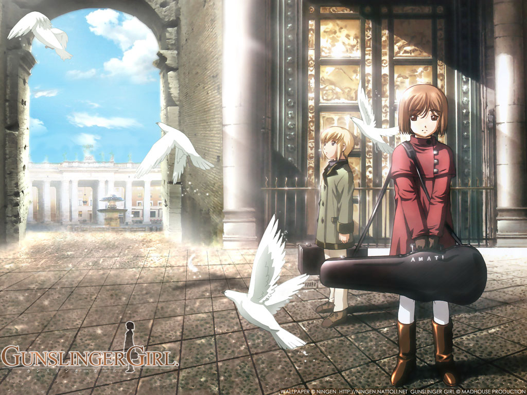 00s 2girls bird bob_cut boots dove fountain guitar_case gunslinger_girl henrietta instrument_case jacket multiple_girls rico sunlight wallpaper