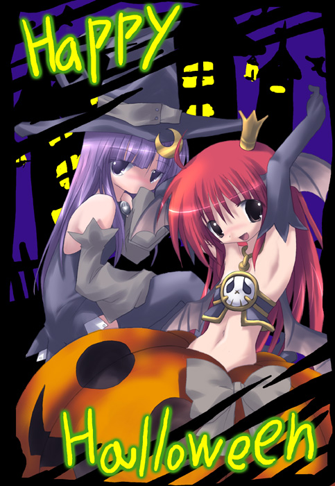 2girls alternate_costume armpits crescent female halloween happy_halloween hat head_wings koakuma midriff multiple_girls patchouli_knowledge pumpkin the_embodiment_of_scarlet_devil touhou witch_hat