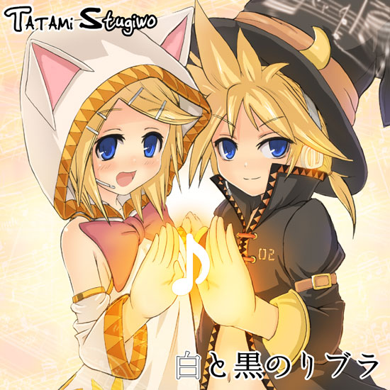 1boy 1girl animal_ears animal_hood black_mage blonde_hair blue_eyes blush brother_and_sister cat_ears cat_hood detached_sleeves final_fantasy hair_ornament hairclip halloween hat hood kagamine_len kagamine_rin magic mitsuki_yuuya musical_note open_mouth ponytail quaver siblings smile smirk sorcerer spiky_hair translation_request twins vocaloid white_mage witch_hat