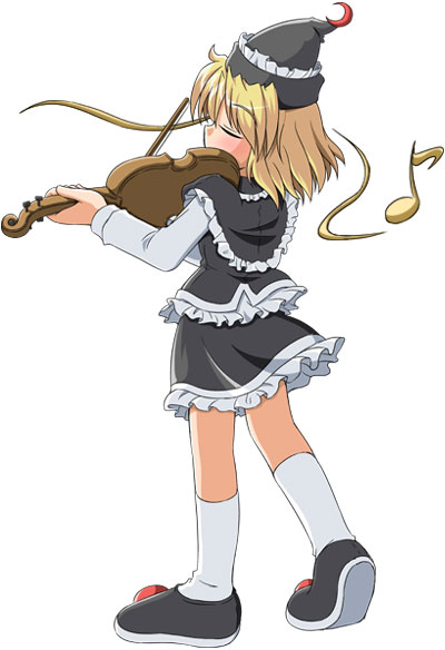 1girl black_shoes black_skirt blonde_hair closed_eyes crescent d.a female frilled_skirt frills from_behind full_body hat instrument kneehighs long_sleeves lunasa_prismriver music musical_note playing_instrument quaver shoes short_hair simple_background skirt skirt_set solo touhou violin white_background white_legwear