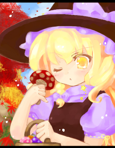 1girl 23 23_(candy_chapus) ;o autumn_leaves bangs basket blonde_hair blush bow braid bush clouds day female flat_chest frills from_side hair_bow hat hat_bow holding kirisame_marisa leaf letterboxed long_hair looking_at_viewer mushroom one_eye_closed open_mouth outdoors puffy_sleeves ribbon_trim side_braid signature sky solo touhou turtleneck witch_hat yellow_eyes