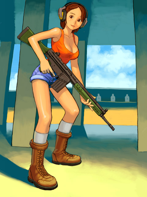 1girl assault_rifle battle_rifle boots breasts brown_eyes brown_hair gun h&amp;k_g3 large_breasts rifle short_hair shorts socks solo tank_top weapon