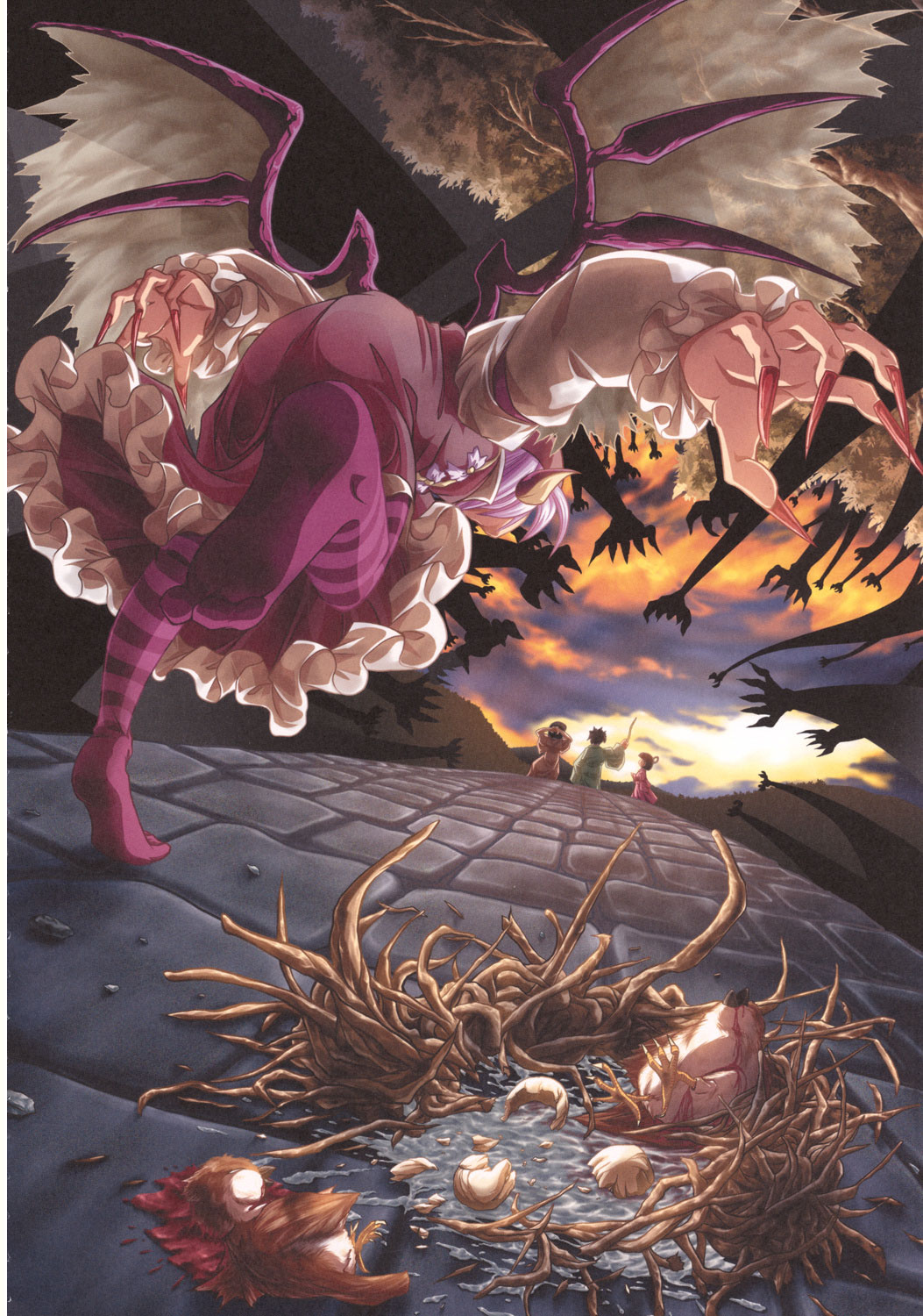 1girl amamizu_(myofuu_kai) angry bat_wings bent_over bird blood child death demon egg female fingernails from_behind from_below highres long_fingernails mystia_lorelei nail nest no_shoes pink_hair running sharp_fingernails solo sparrow standing striped thigh-highs tiptoes touhou tree wings you_gonna_get_raped