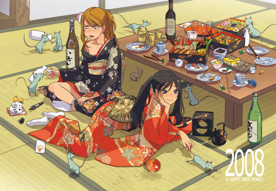 00s 2008 2girls alcohol food japanese_clothes kimono mebae mouse multiple_girls new_year sake