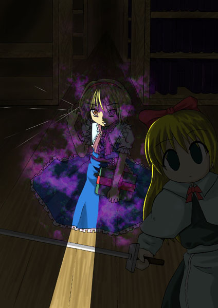 1girl alice_margatroid apron blonde_hair blue_dress blue_eyes capelet crazy_eyes dark doll dress female holding holding_sword holding_weapon indoors library light long_hair looking_at_viewer shanghai_doll short_hair solo sword tareme touhou unsheathed very_long_hair waist_apron weapon wide-eyed wooden_floor