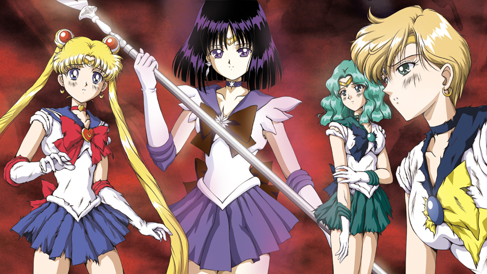 4girls 90s bishoujo_senshi_sailor_moon blonde_hair blue_eyes blue_skirt bob_cut bow choker glaive green_eyes green_hair hino_ryutaro kaiou_michiru magical_girl multiple_girls outer_senshi polearm purple_hair purple_skirt red_background red_bow sailor_moon sailor_neptune sailor_saturn sailor_senshi sailor_uranus serious silence_glaive skirt ten'ou_haruka tomoe_hotaru torn_clothes tsukino_usagi violet_eyes weapon yellow_bow