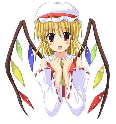 1girl blonde_hair cosplay exe_(artist) exe_(xe) female flandre_scarlet hakurei_reimu hakurei_reimu_(cosplay) japanese_clothes miko open_mouth red_eyes smile solo touhou upper_body wings