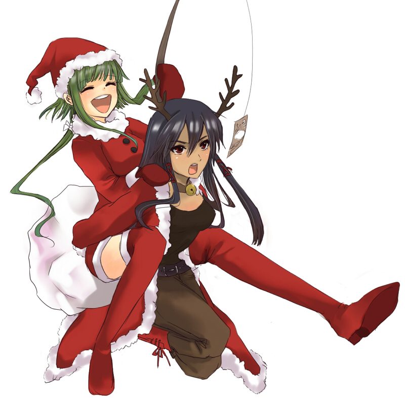 2girls celesta christmas green_hair hat mahou_sensei_negima! masaki_(celesta) multiple_girls nagase_kaede piggyback reindeer santa_costume santa_hat tatsumiya_mana thigh-highs