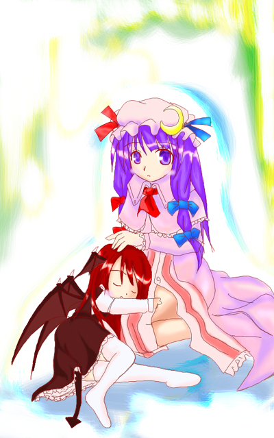 2girls black_skirt blue_ribbon blush capelet crescent crescent_hair_ornament dress female hair_ornament hair_ribbon hat head_wings koakuma legwear long_hair looking_at_viewer mob_cap multiple_girls patchouli_knowledge purple_hair red_ribbon redhead ribbon sitting skirt sleeping tail the_embodiment_of_scarlet_devil thigh-highs touhou tress_ribbon violet_eyes white_background white_legwear wings