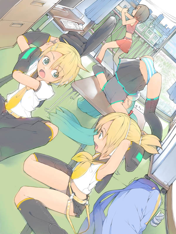 2boys 3girls akinbo_(hyouka_fuyou) alternate_hairstyle apartment armpits balcony brother_and_sister contortion everyone flexible hatsune_miku kagamine_len kagamine_rin kaito meiko multiple_boys multiple_girls panties siblings sleeping striped striped_panties thigh-highs top-down_bottom-up trembling twins underwear vocaloid