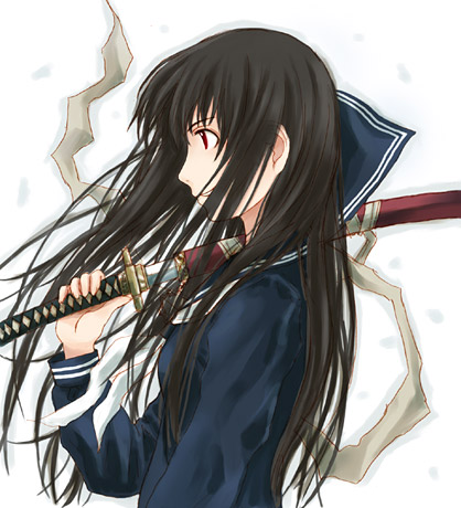 black_hair katana long_hair lowres red_eyes school_uniform serafuku sword takagi_hideaki weapon