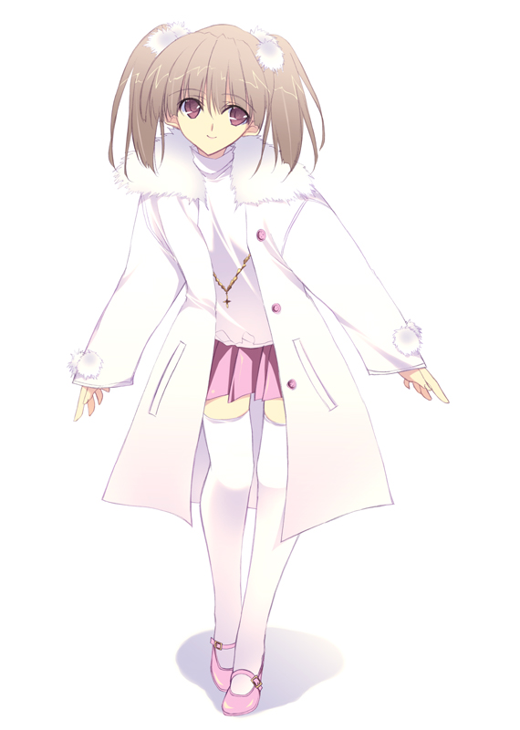 1girl arms_at_sides brown_eyes brown_hair coat full_body gem hair_ribbon jacket jewelry kobayashi_chisato looking_at_viewer mary_janes necklace original pendant pink_skirt pleated_skirt ribbon shoes short_hair simple_background skirt solo standing thigh-highs turtleneck white_background white_legwear