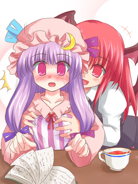 2girls breast_grab breasts female grabbing head_wings koakuma multiple_girls patchouli_knowledge ry small_breasts the_embodiment_of_scarlet_devil touhou yuri