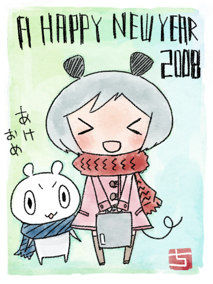 &gt;_&lt; 00s 2008 akeome animal_ears bag chibi closed_eyes dress kirari_chito mouse mouse_ears new_year scarf