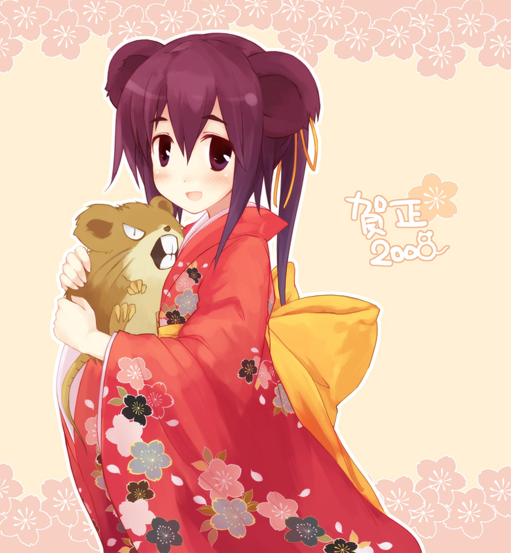 00s 1girl 2008 animal_ears blush bow holding japanese_clothes kimono mouse mouse_ears new_year open_mouth pokemon ponytail purple_hair raticate ribbon smile solo violet_eyes yukitarou_(awamori)