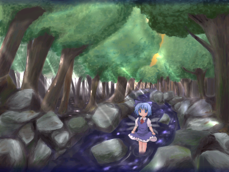 1girl cirno dress female forest lzh nature outdoors plant river scenery solo the_embodiment_of_scarlet_devil touhou wading wallpaper water