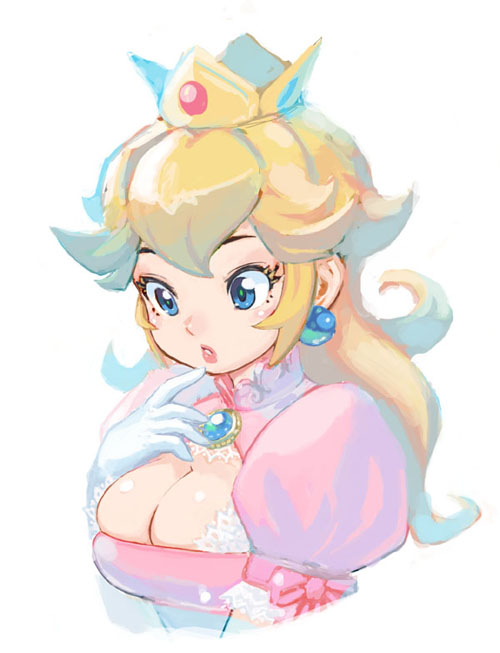 1girl blonde_hair blue_eyes breasts cleavage crown earrings gloves jewelry long_hair muuten nintendo princess_peach simple_background solo super_mario_bros.