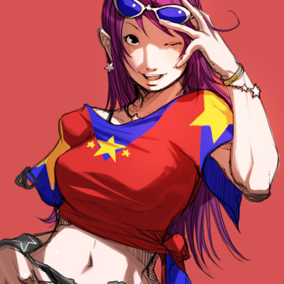 1girl asamiya_athena black_eyes bracelet breasts falcoon jewelry king_of_fighters long_hair midriff navel necklace one_eye_closed open_mouth purple_hair shirt smile snk solo star sunglasses t-shirt the_king_of_fighters wink wristband