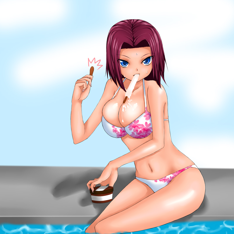 1girl bikini breasts code_geass fingernails kallen_stadtfeld large_breasts long_fingernails long_nails nail popsicle rokuichi sexually_suggestive solo swimsuit