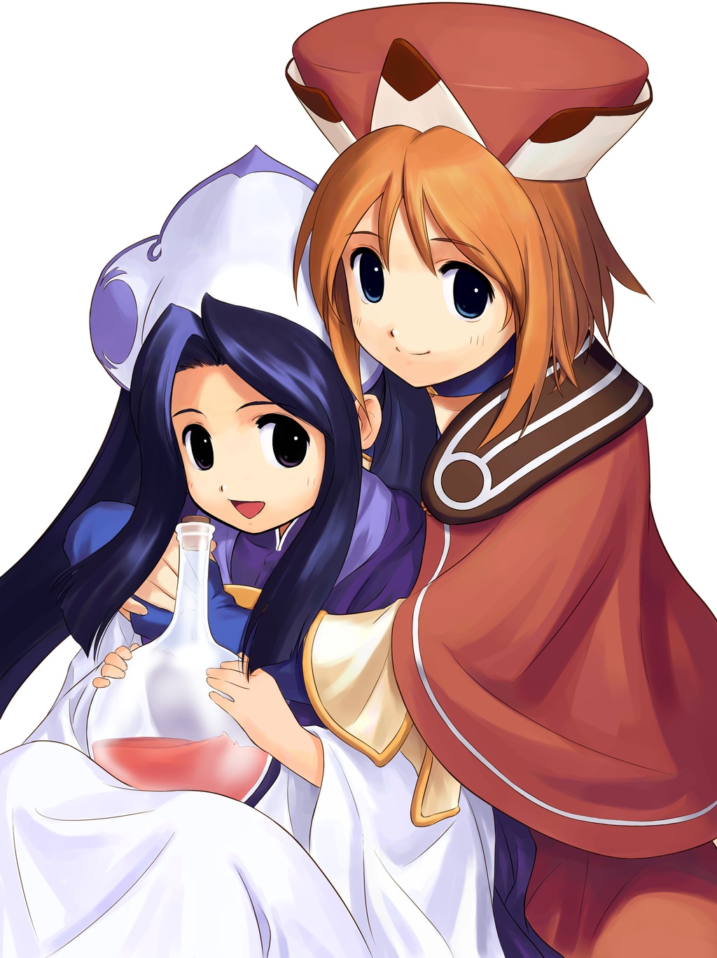 2girls :d alchemy atelier_(series) atelier_iris atelier_iris_2 atelier_iris_eternal_mana_2 beret blue_eyes brown_hair capelet closed_mouth dress female glass gust hat highres iris_blanchimont liquid long_sleeves looking_at_viewer multiple_girls open_mouth ouse_kohime short_hair simple_background smile viese_blanchimont white_background white_dress