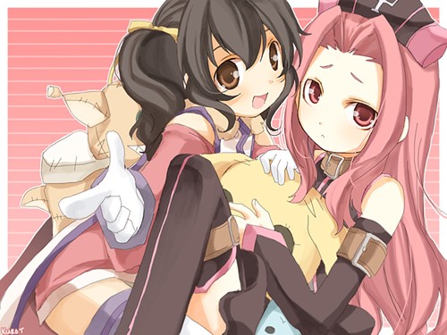 2girls anise_tatlin arietta black_hair kurot lowres multiple_girls pink_hair ribbon tales_of_(series) tales_of_the_abyss thigh-highs tokunaga twintails