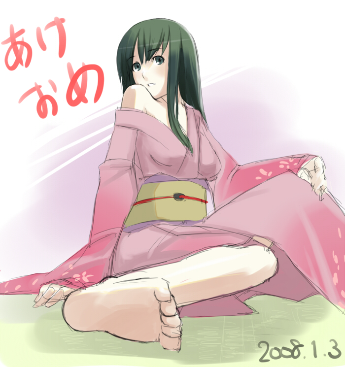 00s 1girl 2008 akeome arm_support bangs bare_shoulders barefoot blush dated feet floral_print foreshortening green_eyes green_hair grin japanese_clothes kimono long_hair looking_at_viewer new_year obi off_shoulder on_floor sash sidelocks sitting sketch smile soles solo takenaka_hideo tatami wide_sleeves