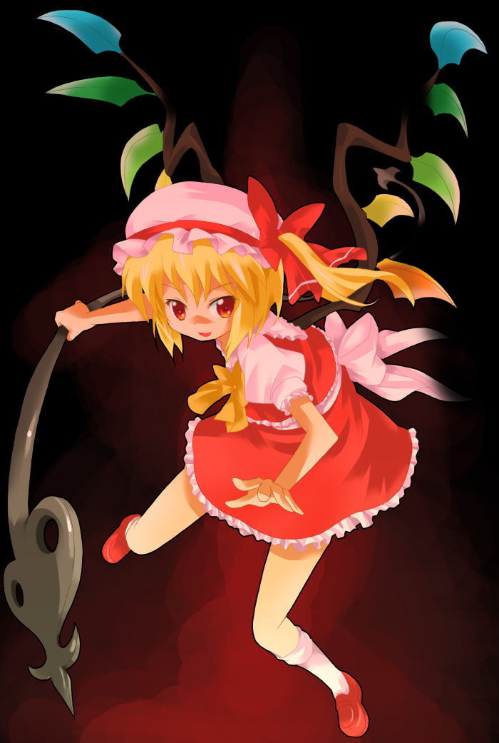 1girl bobby_socks crystal demon_girl demon_wings dress female fighting_stance flandre_scarlet holding holding_weapon looking_at_viewer michii_yuuki polearm puffy_short_sleeves puffy_sleeves red_dress short_sleeves socks solo spear the_embodiment_of_scarlet_devil touhou weapon white_legwear wings