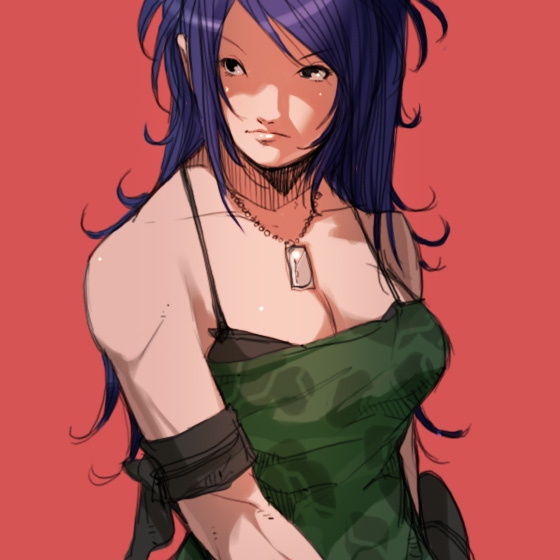 1girl black_eyes blue_hair dog_tags falcoon king_of_fighters leona_heidern long_hair snk solo the_king_of_fighters