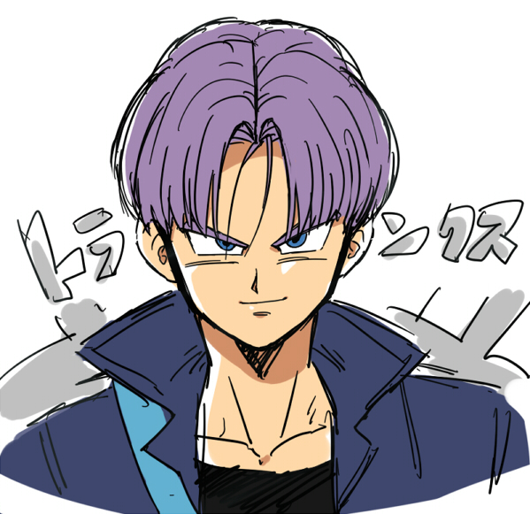 1boy black_shirt blue_eyes dragon_ball dragonball_z jacket looking_at_viewer male_focus official_style petagon purple_hair shirt short_hair simple_background smile trunks_(dragon_ball) white_background